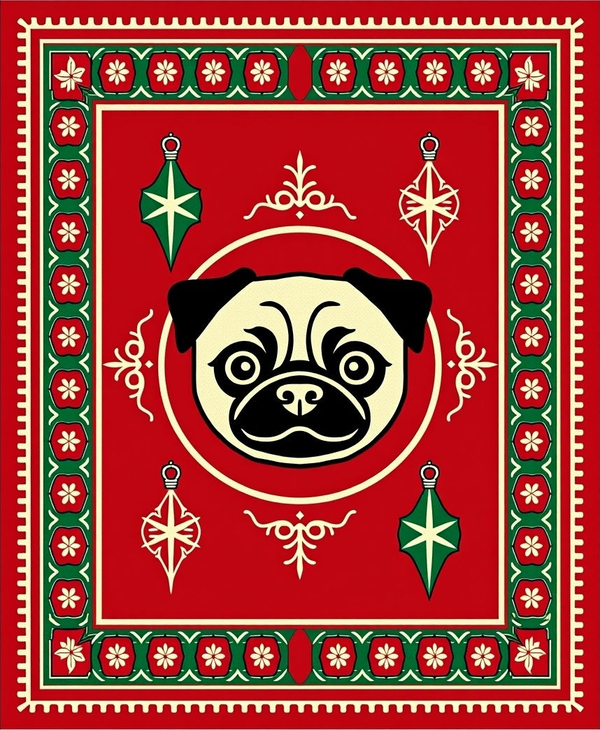 Red Pug Face Ornament Festive Rug