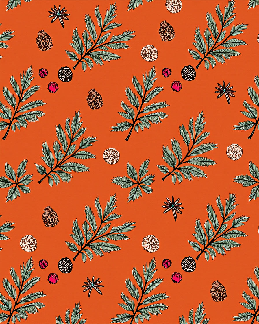 Orange Fern and Cone Botanical Arrangement Rug