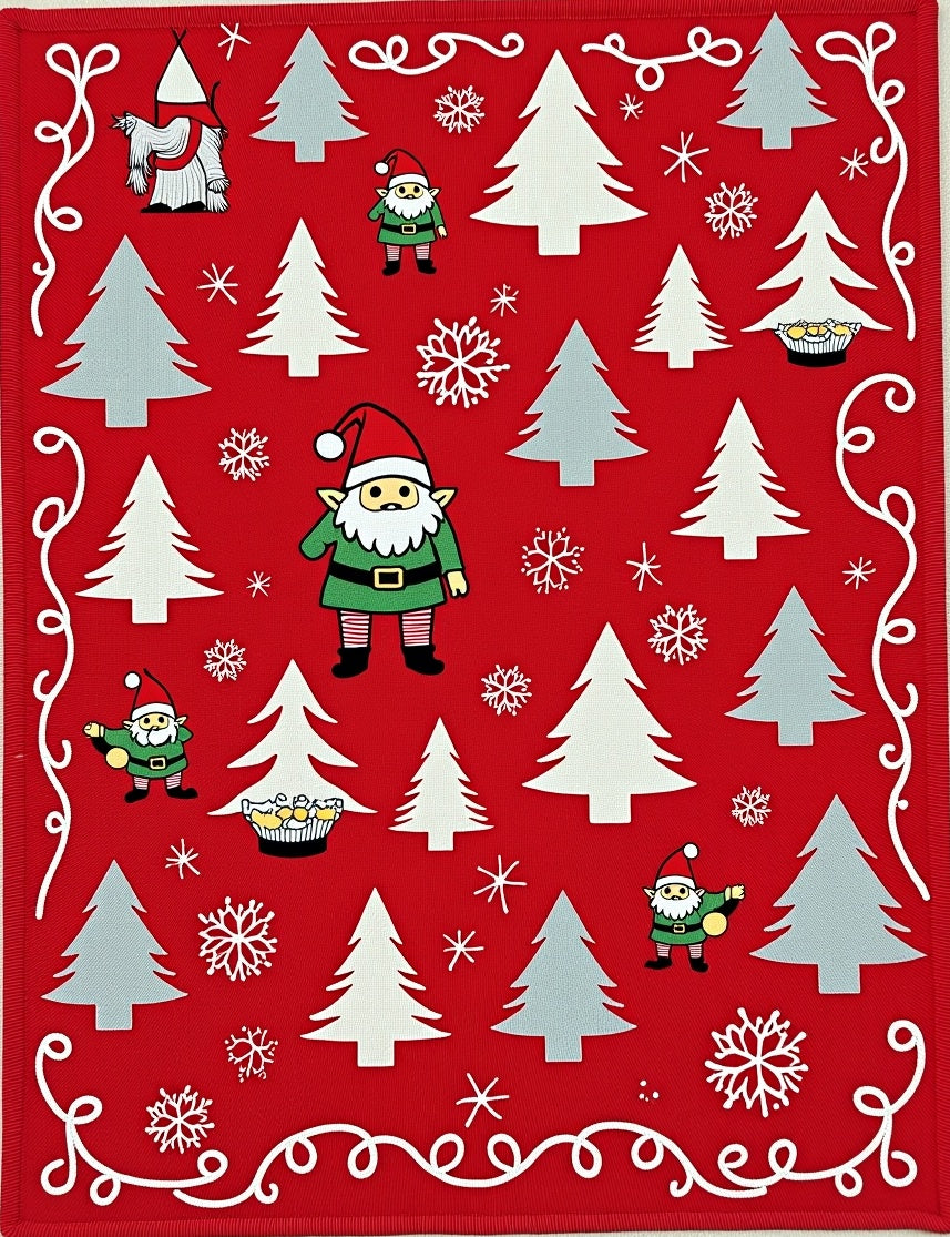 Red Christmas Trees and Elves Rug