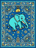 Blue Elephant Whimsical Floral Border Rug