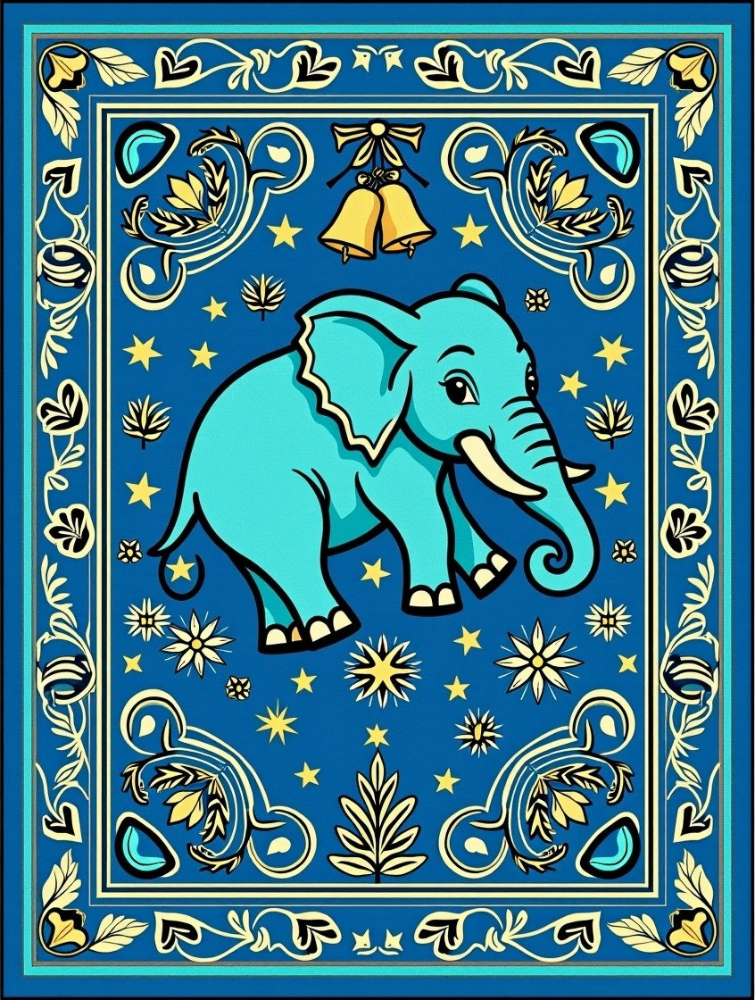 Blue Elephant Whimsical Floral Border Rug