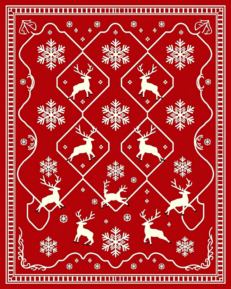 Crimson Reindeer Snowflake Holiday Scape Rug