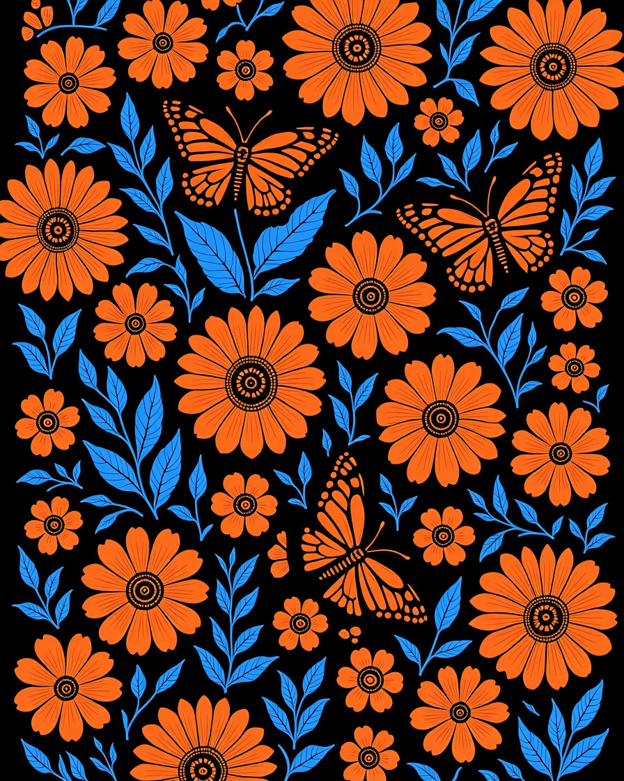 Bright Orange Monarch Butterfly Floral Rug