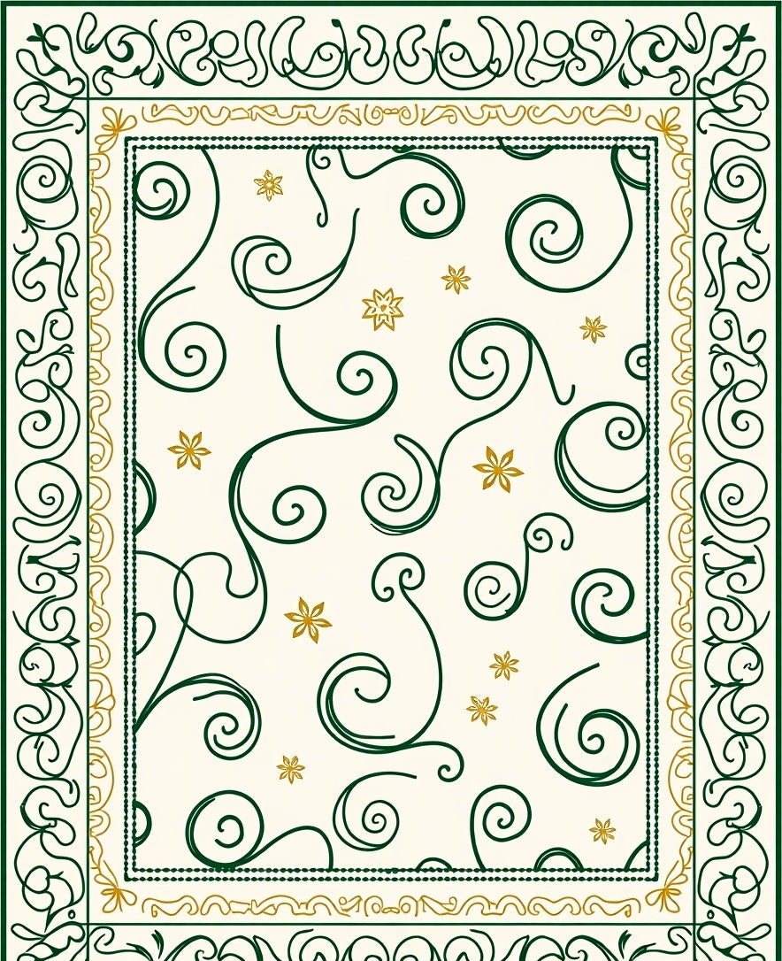 Green Gold Swirl Floral Border Cream Rug
