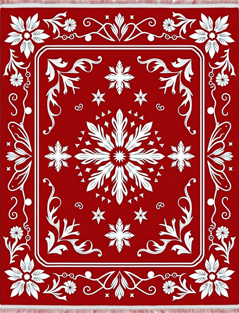 Crimson White Floral Medallion Mandala Rug
