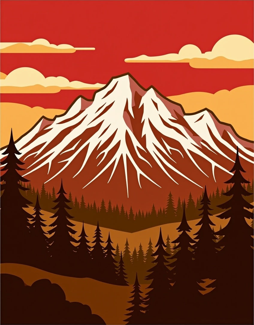 Crimson Sunset Mountain Pine Forest Rug