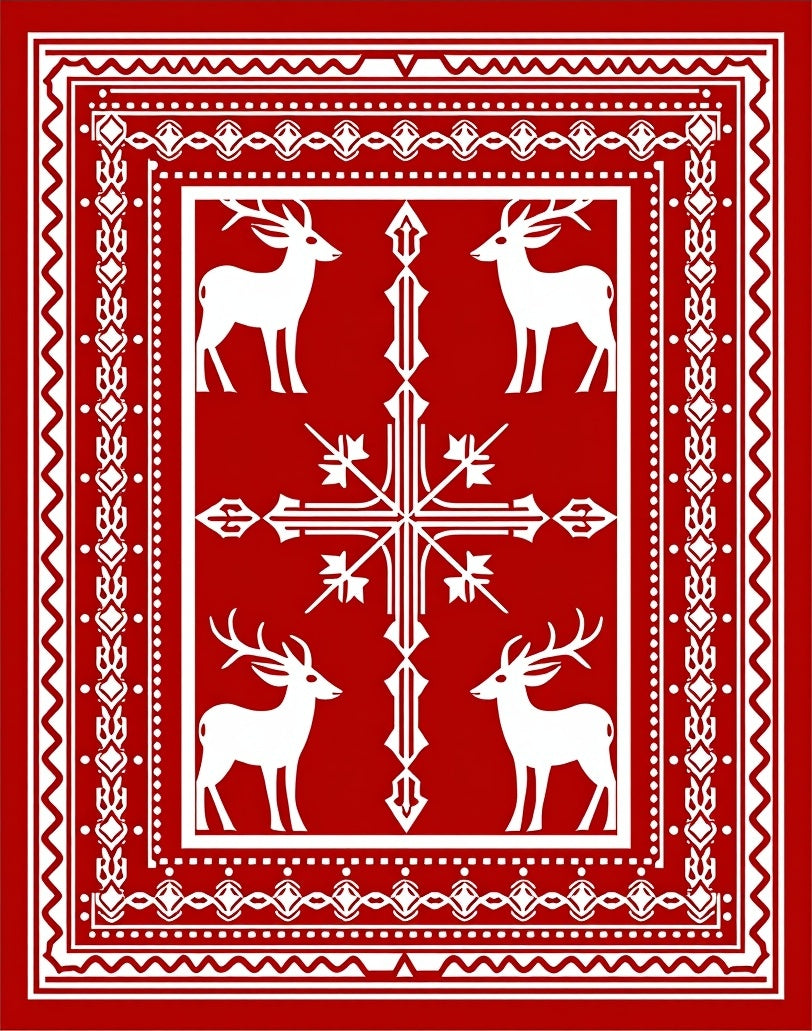 White Deer and Cross Red Border Rug