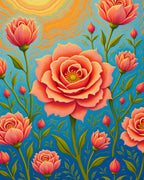 Coral Pink Roses Blue Daybreak Rug