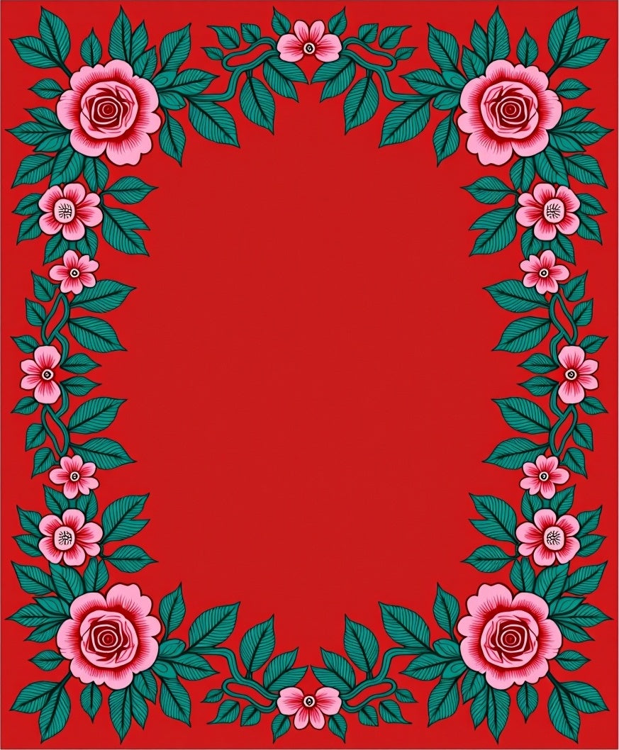 Pink Rose Bloom Vine Border Rug
