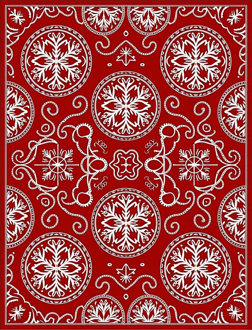 Red White Circular Snowflake Motif Rug
