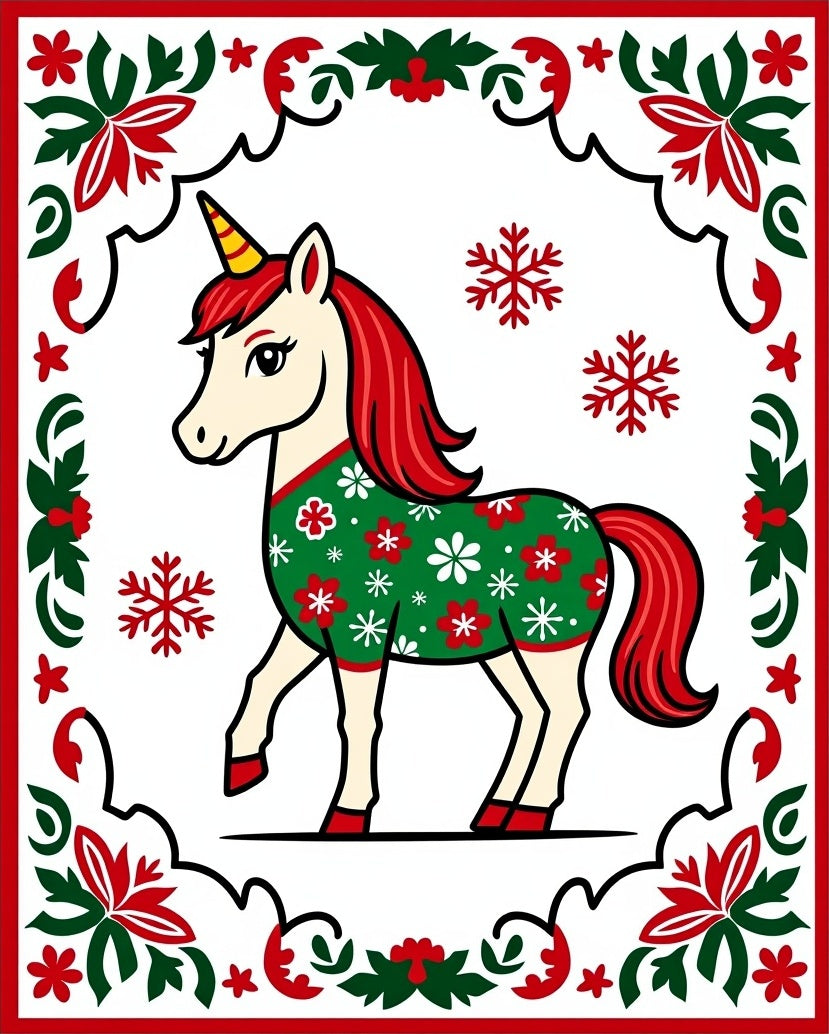 Festive Unicorn Christmas Snowflake Border Rug