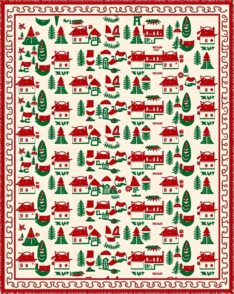 Red Green Village Houses Trees Border Rug