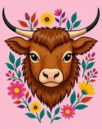 Brown Highland Cow Floral Wreath Rug