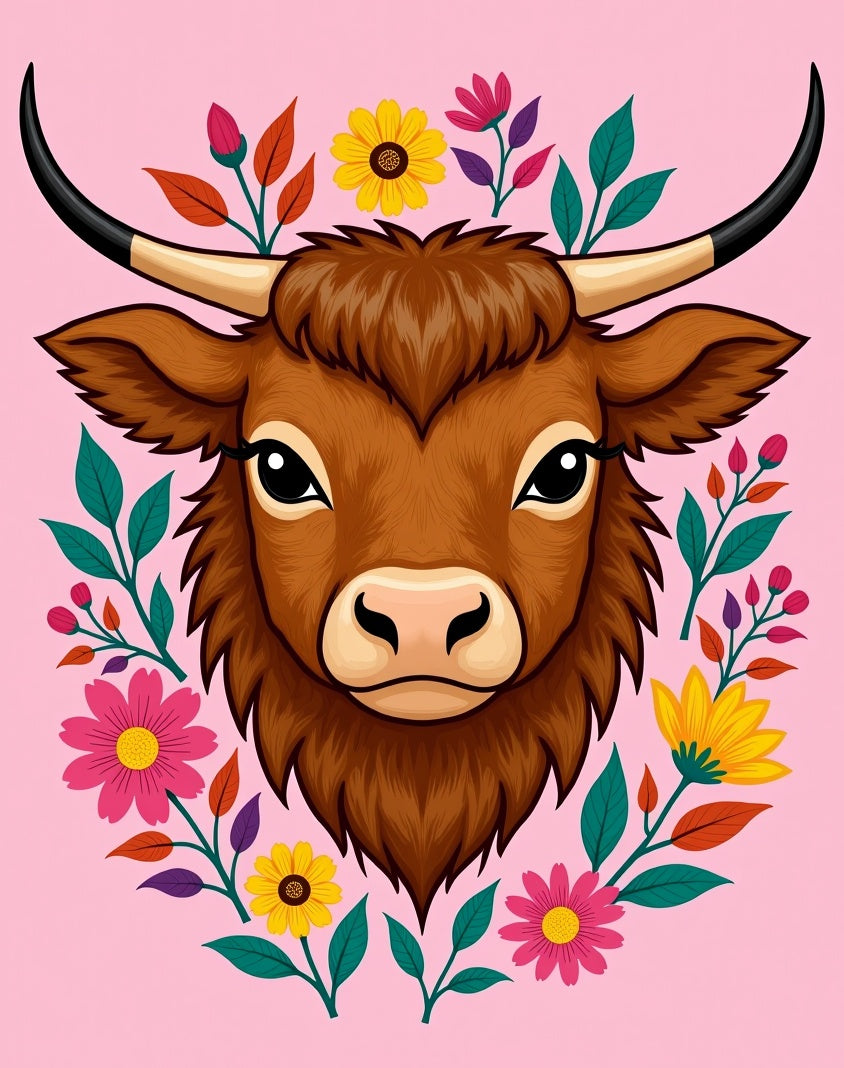 Brown Highland Cow Floral Wreath Rug