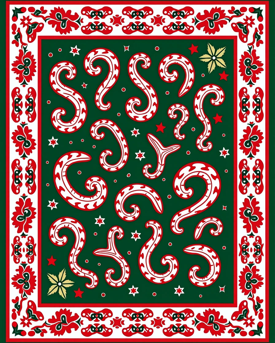 Green White Red Festive Swirls Border Rug