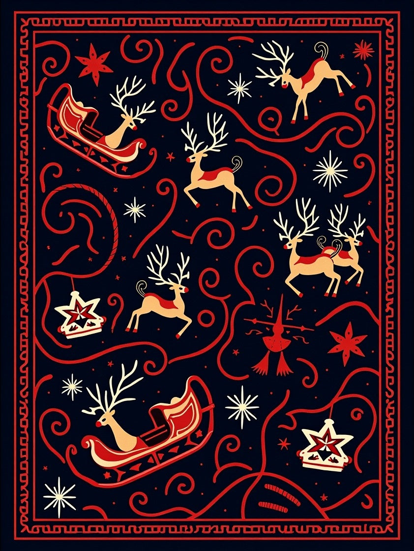 Crimson Reindeer Sleigh Midnight Swirls Rug