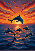 Dolphins Diving Through Sunset Waves Rug