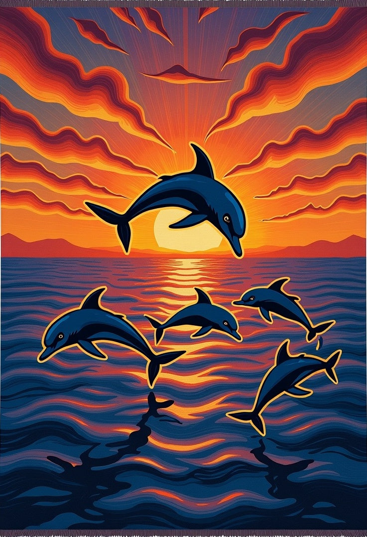 Dolphins Diving Through Sunset Waves Rug