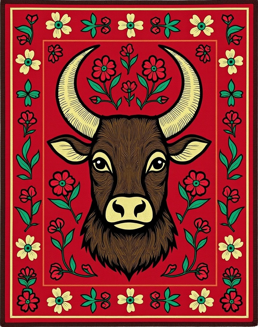 Crimson Bull Floral Border Rug