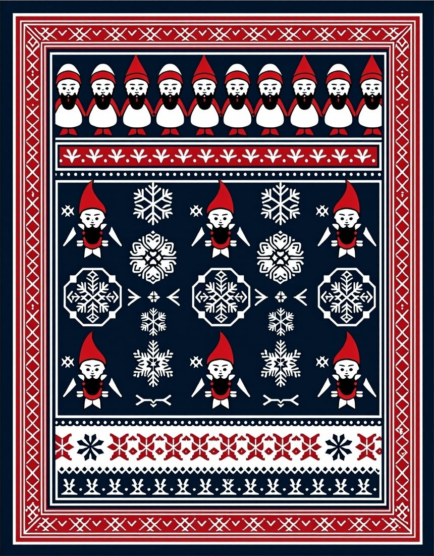 Navy Red White Gnome Snowflakes Nordic Rug