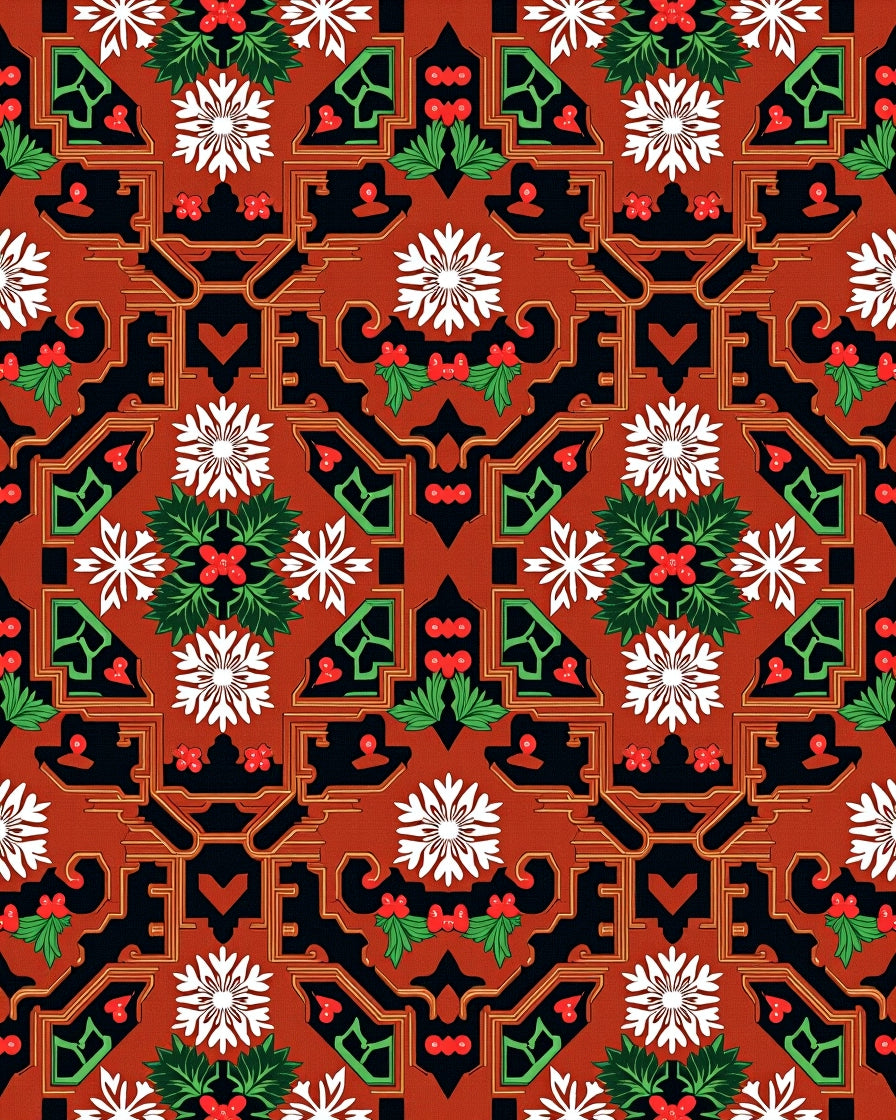 Ornate Red White Holly Floral Rug