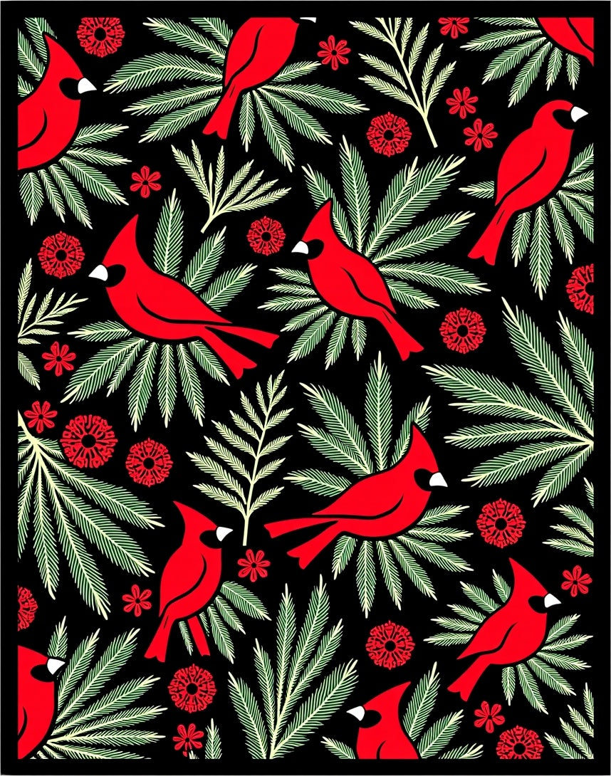 Red Cardinal Green Fern Black Background Rug
