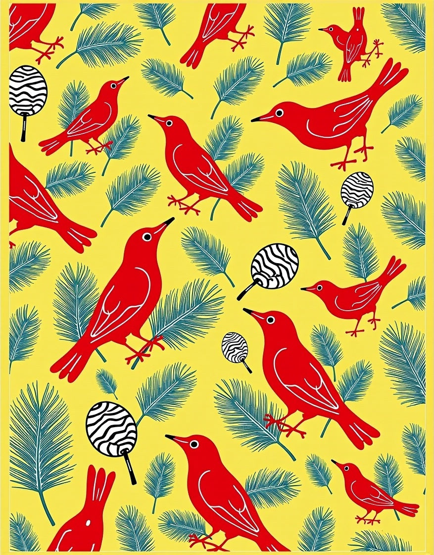 Vibrant Red Birds Evergreen Foliage Rug