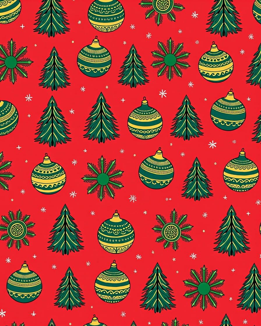 Festive Red Green Ornaments Trees Rug
