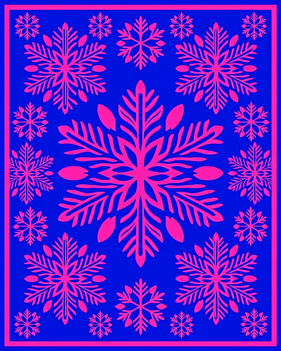 Bright Pink Snowflakes on Electric Blue Rug