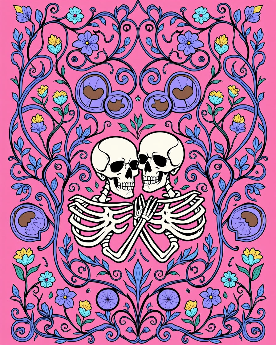 Pink Skull Embrace Floral Swirl Rug