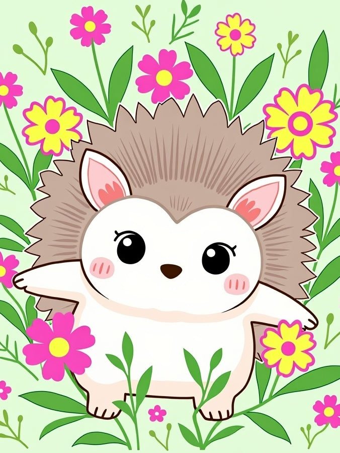 Cute Hedgehog Among Pink Yellow Flowers Rug