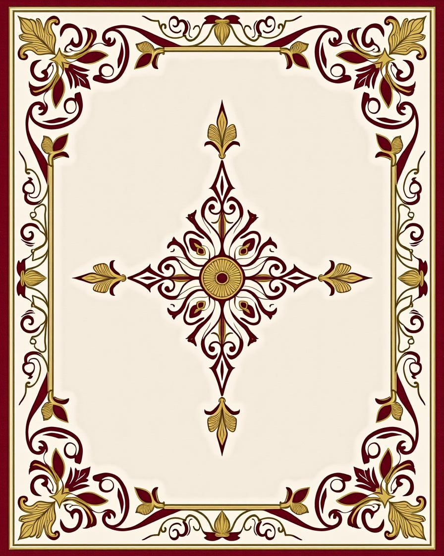 Deep Red Golden Damask Ornament Rug