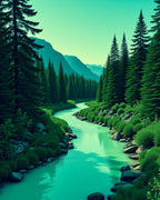 Emerald River Through Pine Forest Mountains Rug