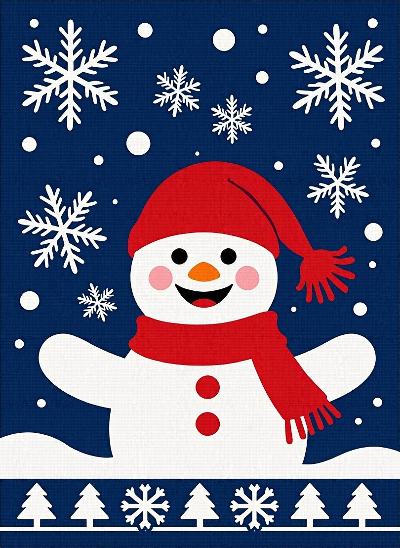 Friendly Snowman Red Hat Snowy Scene Rug