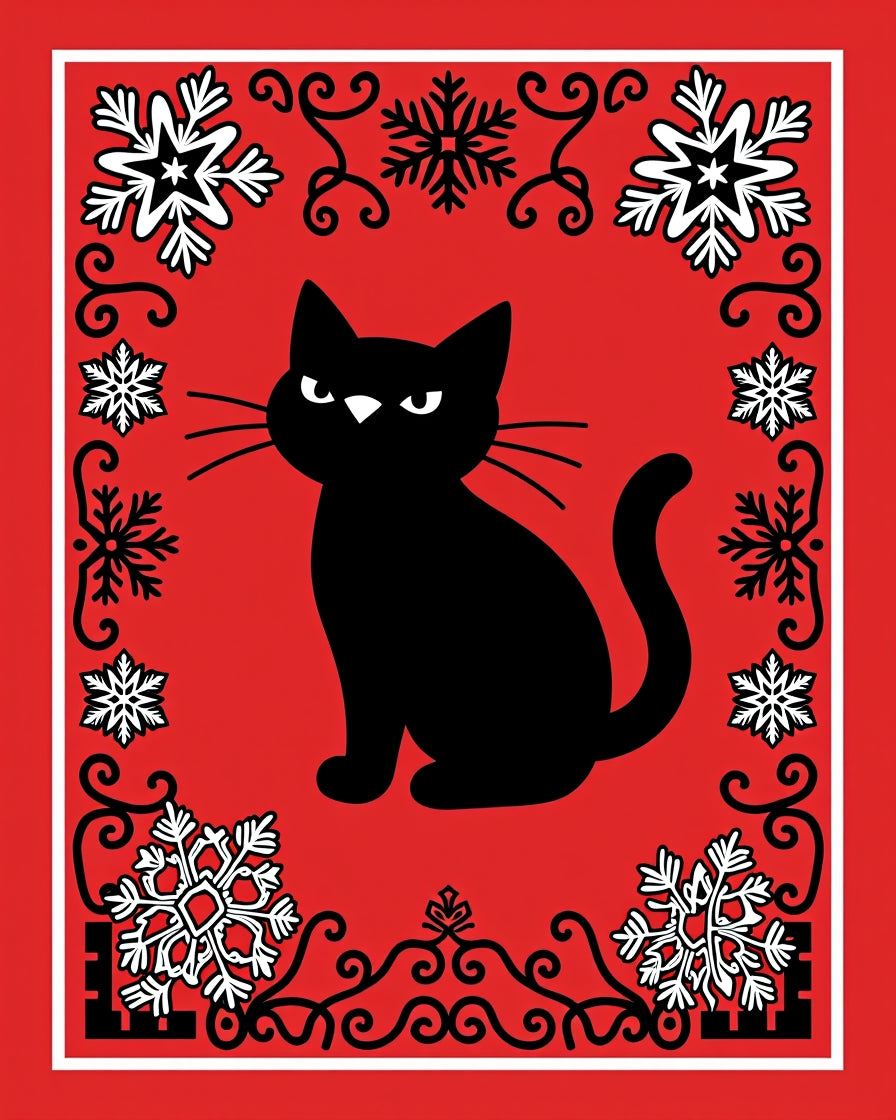Black Cat Snowflake Border Rug