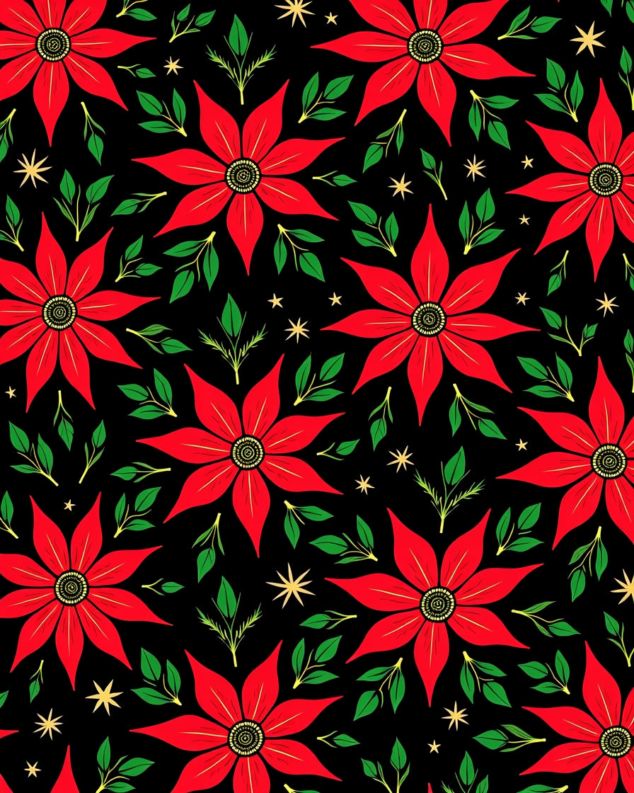 Red Poinsettia Black Star Garden Rug