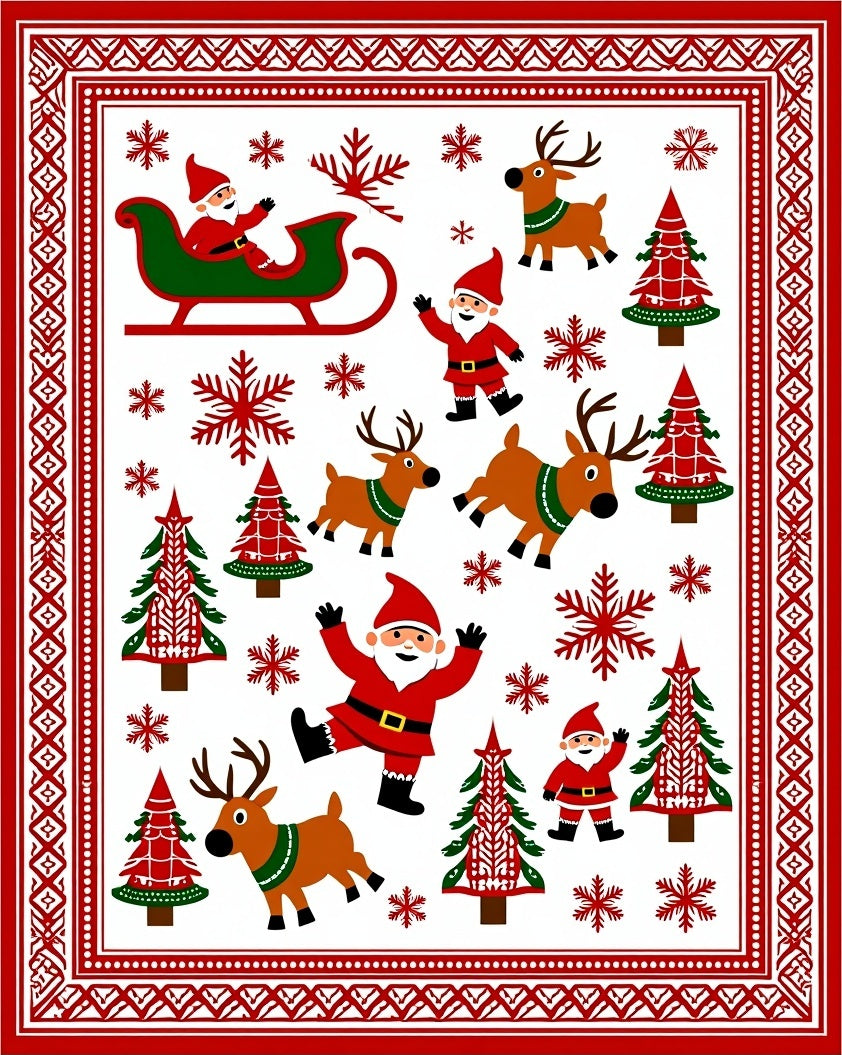 Festive Red Santa Snowflakes Reindeer Trees Rug