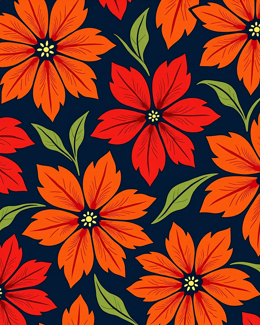 Vivid Red Orange Floral Navy Background Rug