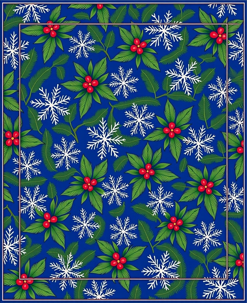 Festive Blue Holly Snowflake Border Rug