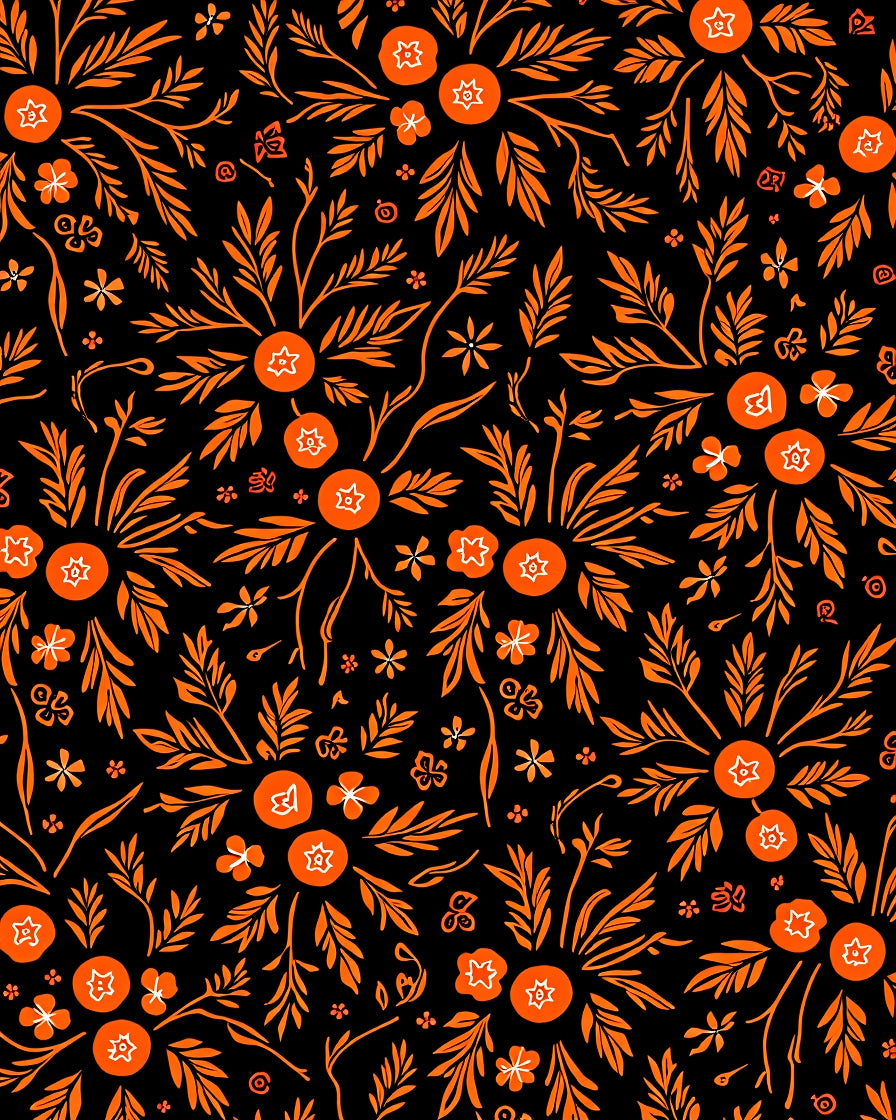 Vibrant Orange Floral Burst Black Rug