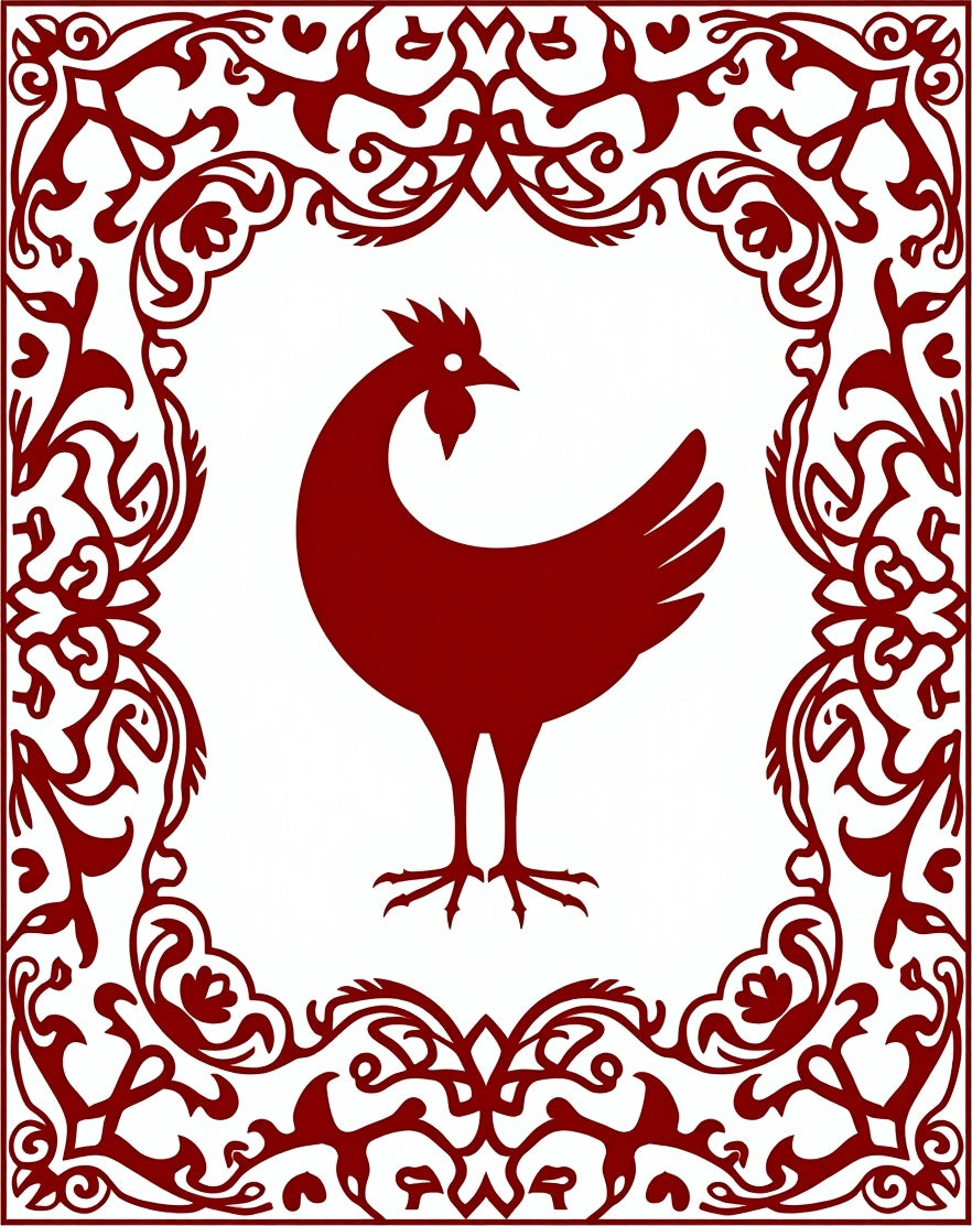Deep Red Rooster Floral Frame Rug