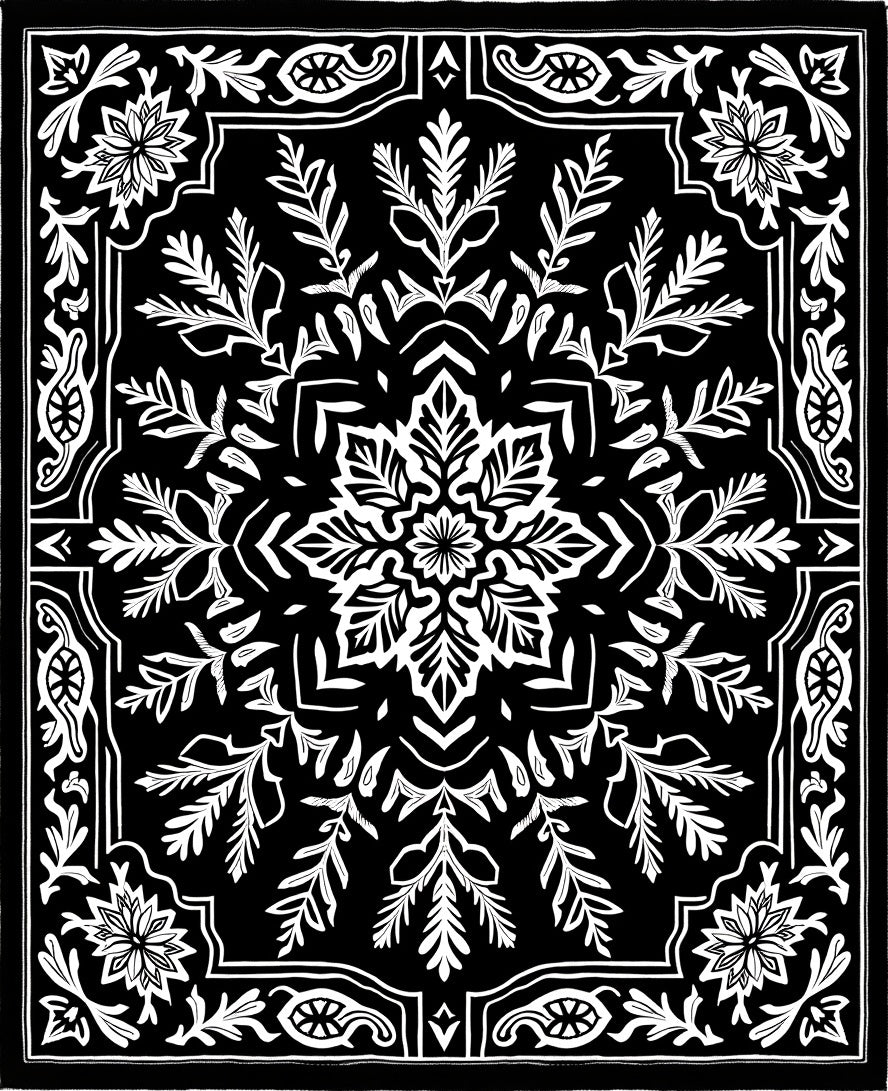 Black White Floral Mandala medallion Rug