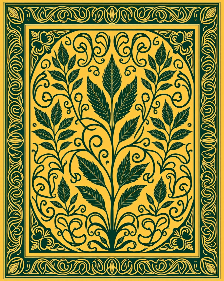 Golden Yellow Green Floral Scrollwork Rug