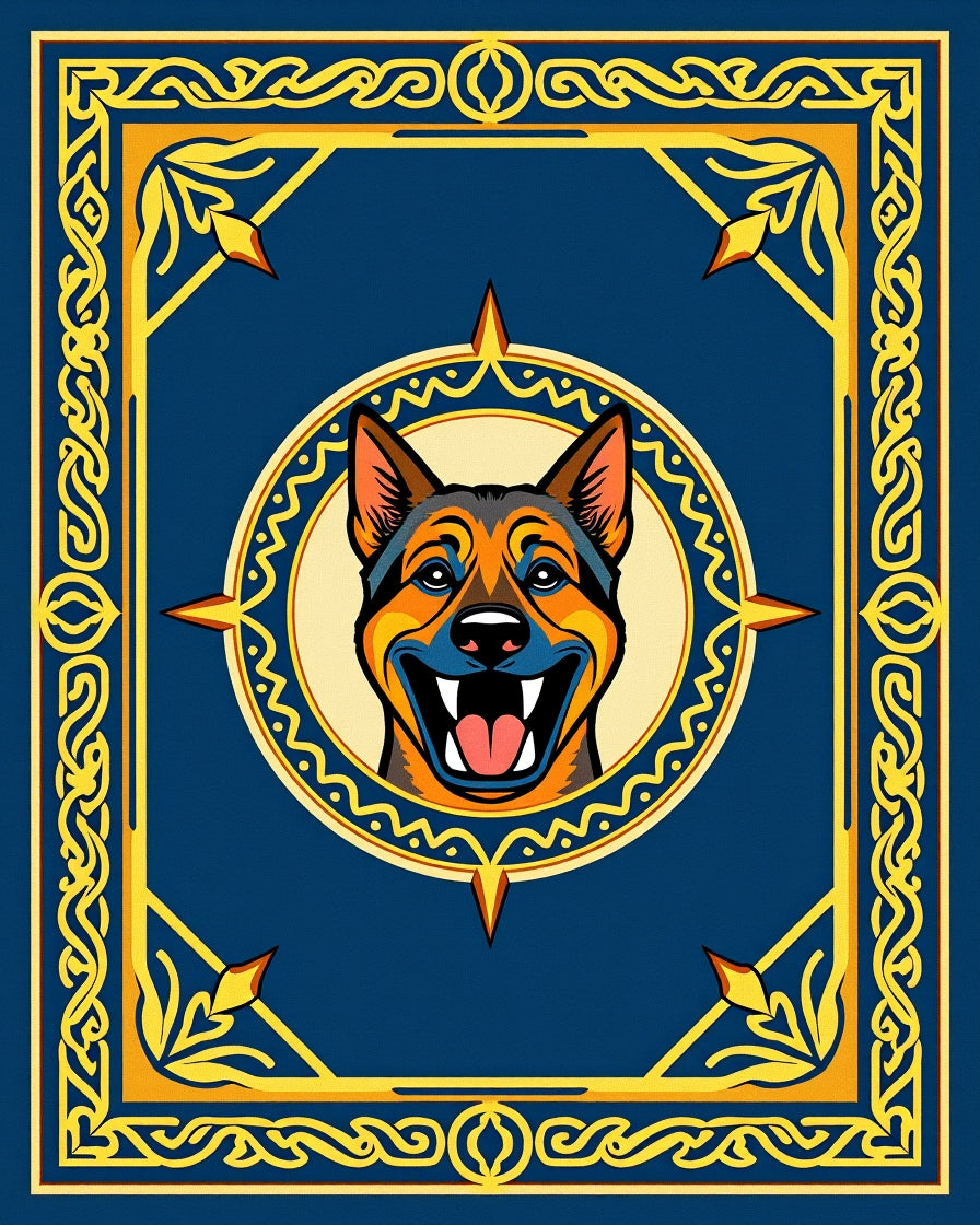 Bold Dog Face Blue Yellow Border Rug