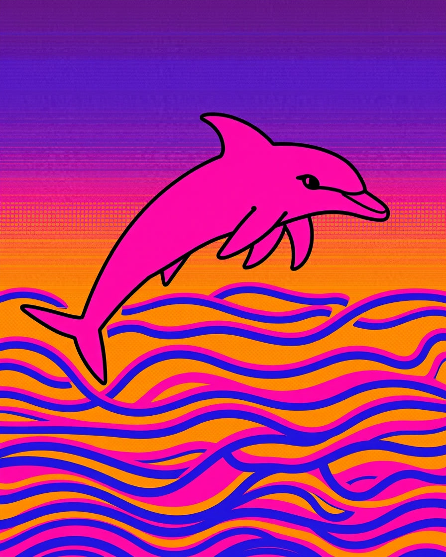 Vibrant Pink Dolphin Over Sunset Waves Rug