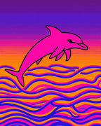 Vibrant Pink Dolphin Over Sunset Waves Rug