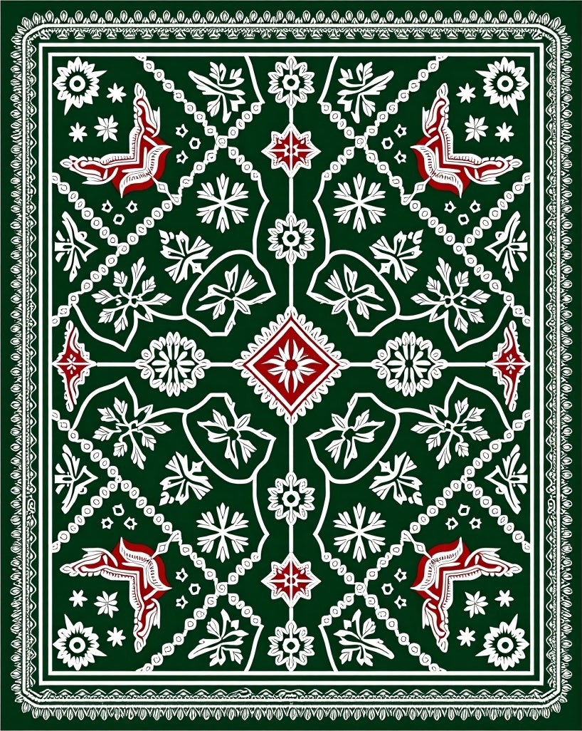 Deep Forest Green Red Medallion Rug