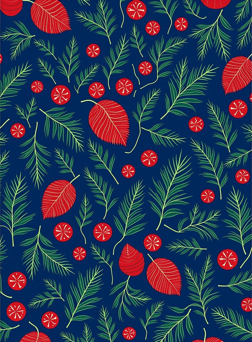 Red Leaf Green Sprig Navy Background Rug