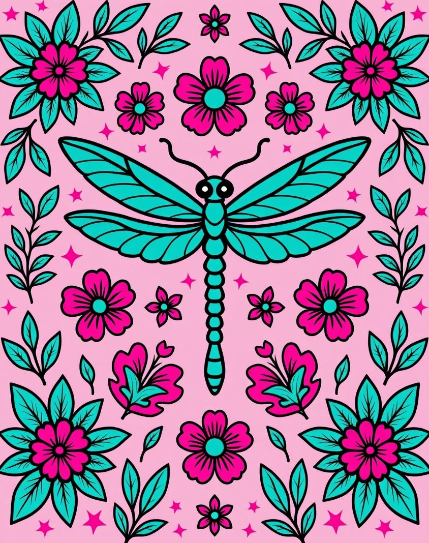 Pink Teal Dragonfly Floral Bloom Rug