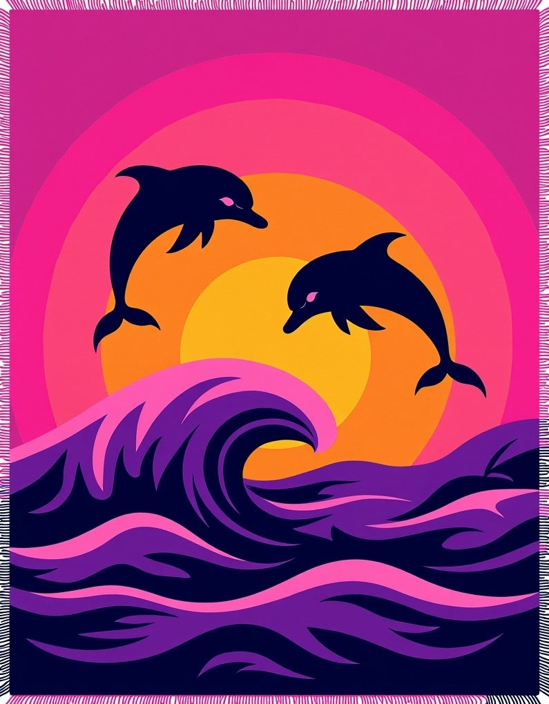 Vibrant Pink Sunset Dolphin Wave Rug